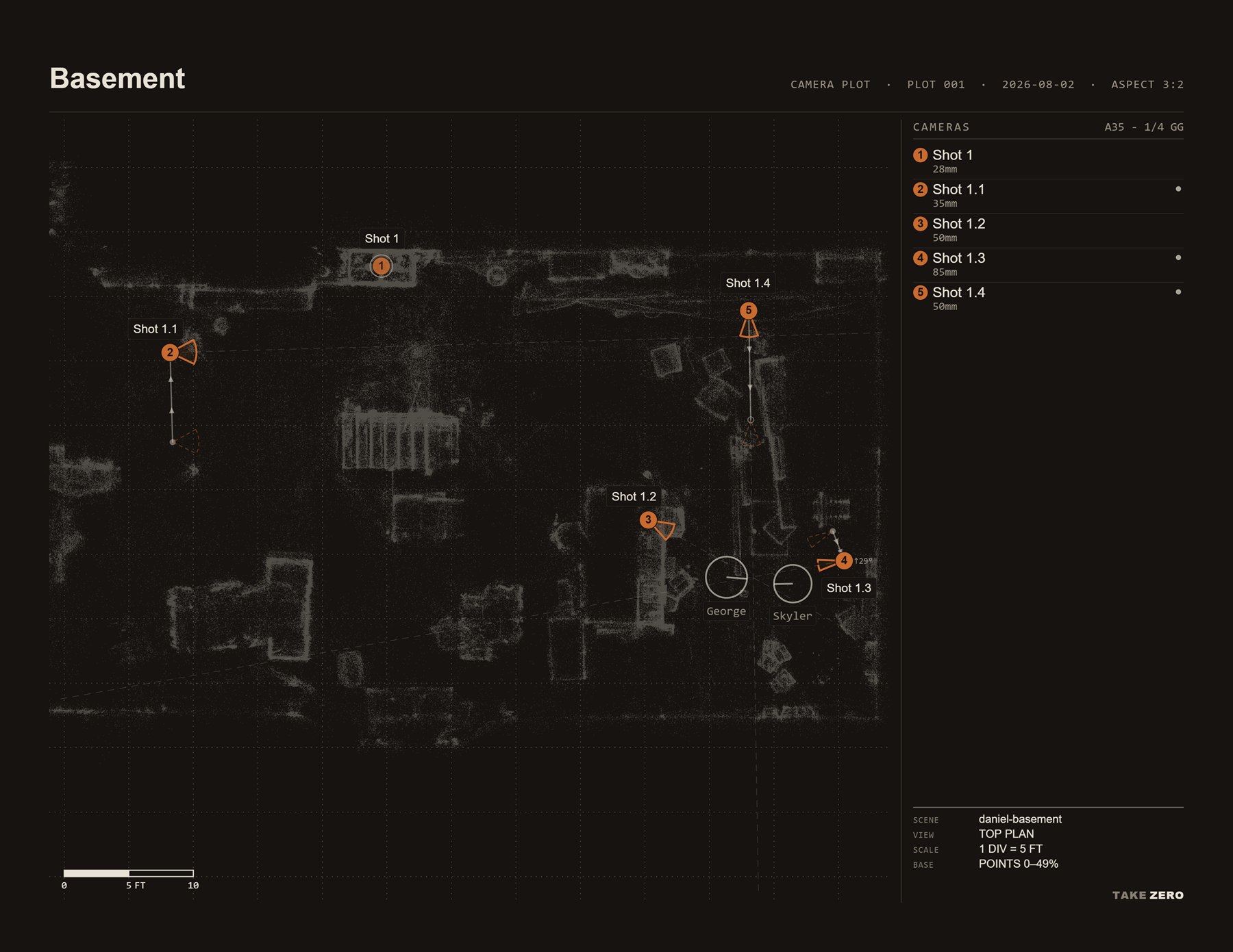 An overhead camera plot of a basement location: the scanned floor plan in grey, five numbered orange camera positions with coverage wedges and camera moves, two marked actors, and a camera list with lenses down the right side.